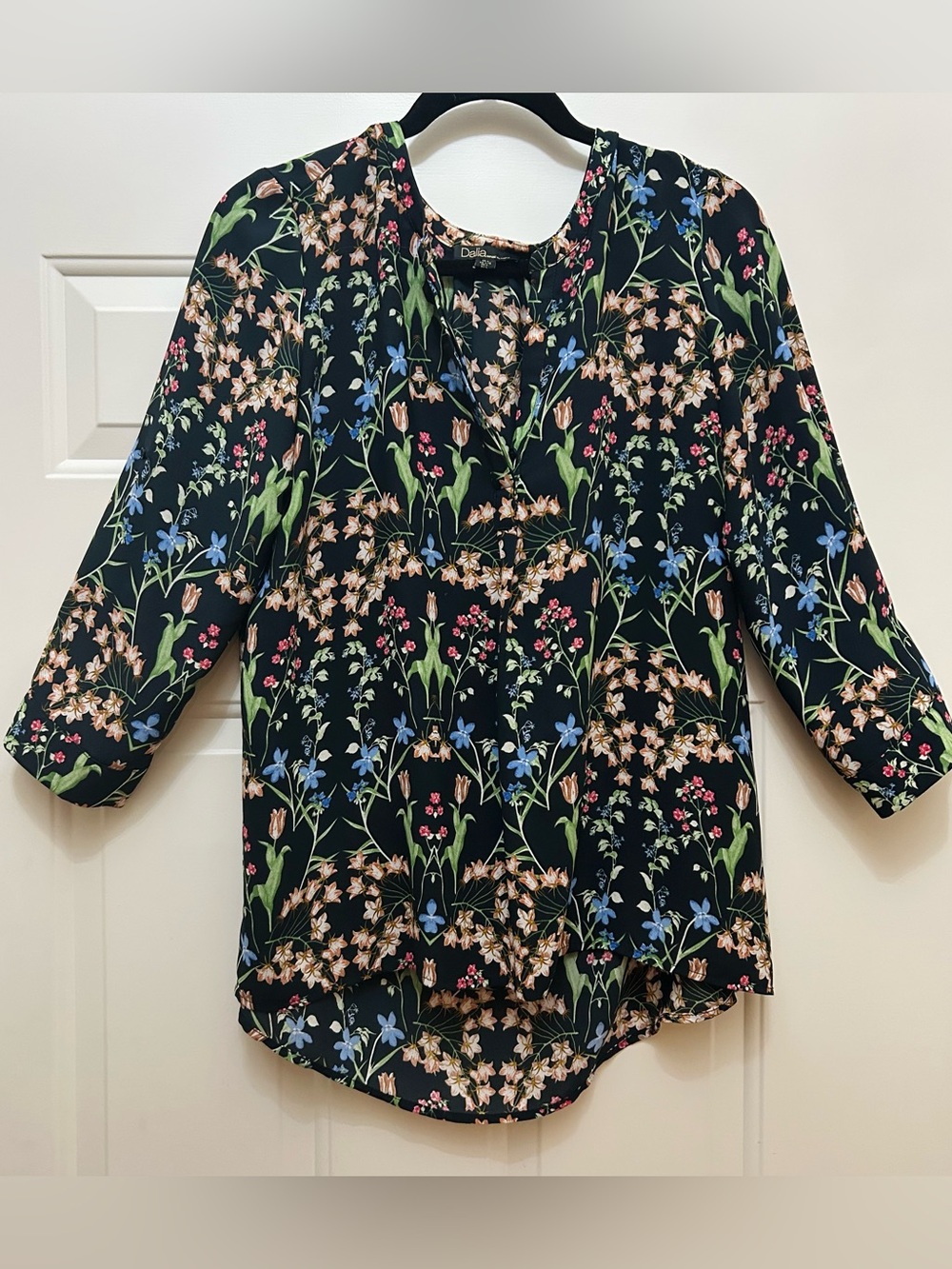 Dalia Black Floral V-Neck Blouse with Pink Blue and Green Accents